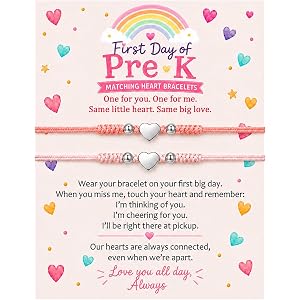 AnalysisyLove Mommy and Me Pink Heart Bracelets, First Day of School Gift | Set of 2 pink heart bracelets for mom and daughte