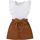 SHENHE 2pcs Girl's Skirt Outfits Ruffled Ribbed Cap Sleeve T Shirt and Button Down Tie Front Skirt Set