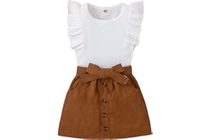 SHENHE 2pcs Girl's Skirt Outfits Ruffled Ribbed Cap Sleeve T Shirt and Button Down Tie Front Skirt Set