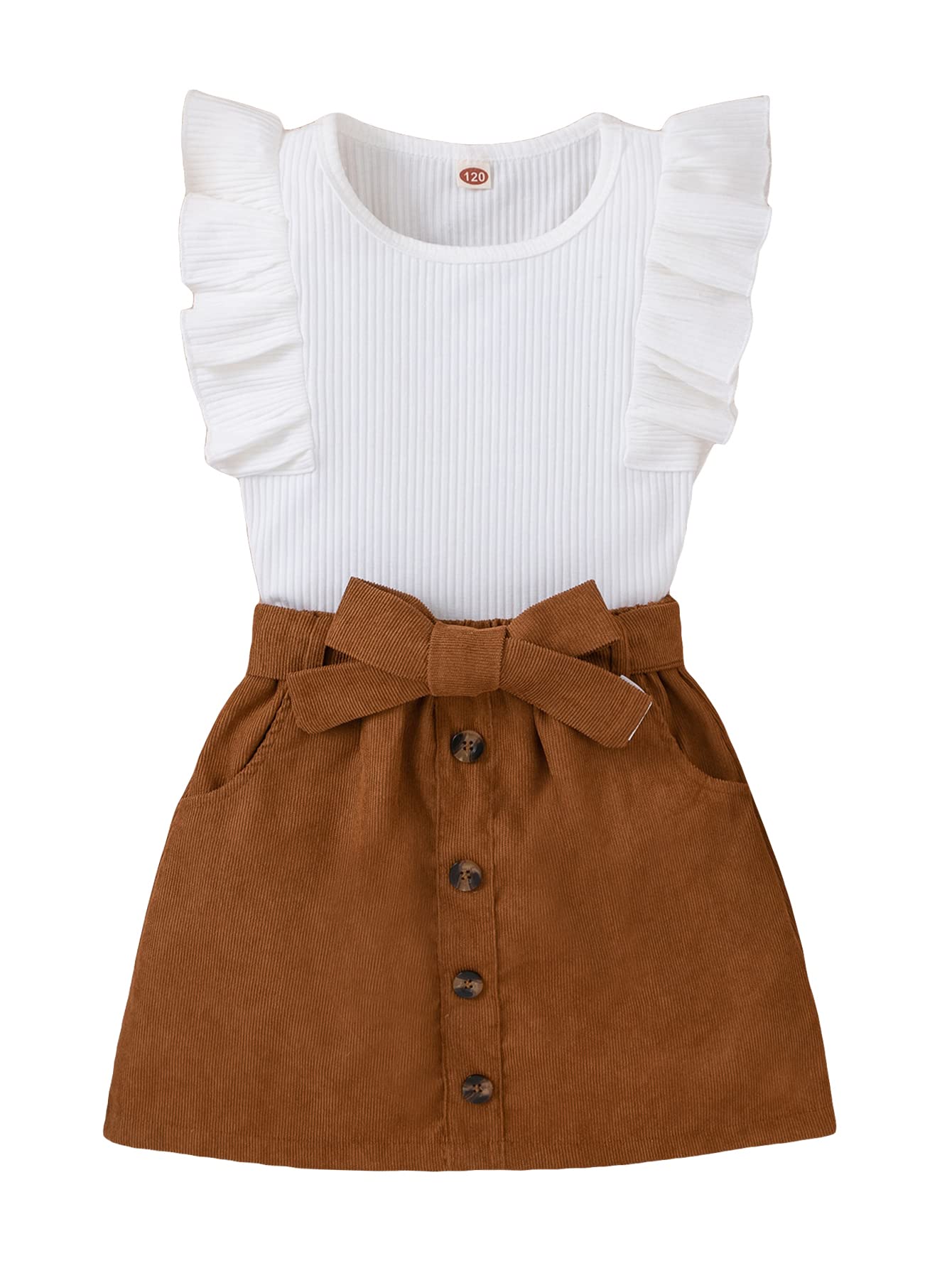 Photo 1 of (ONLY SKIRT) SHENHE 2pcs Girl's Skirt Outfits Ruffled Ribbed Cap Sleeve T Shirt and Button Down Tie Front Skirt Set White and Brown 160