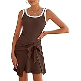 IHOT 2026 Women's Casual Sleeveless Scoop Neck Tank Dress Ribbed Knit Front Tie Waist Vacation Mini Dresses