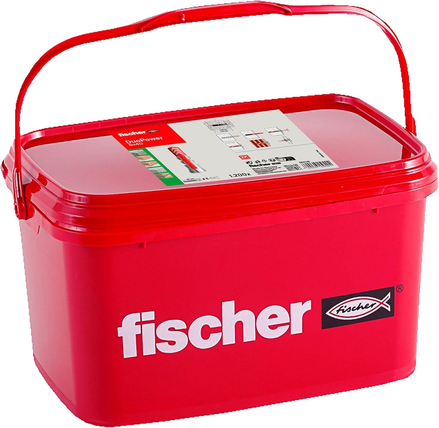fischer Duopower 8 x 40, Universal Dowels, Powerful 2-Component Dowels, Plastic Dowels for Attaching to Concrete, Plasterboard and Much More, No Screws, in Reusable Bucket, 1,200 Pieces — image 1