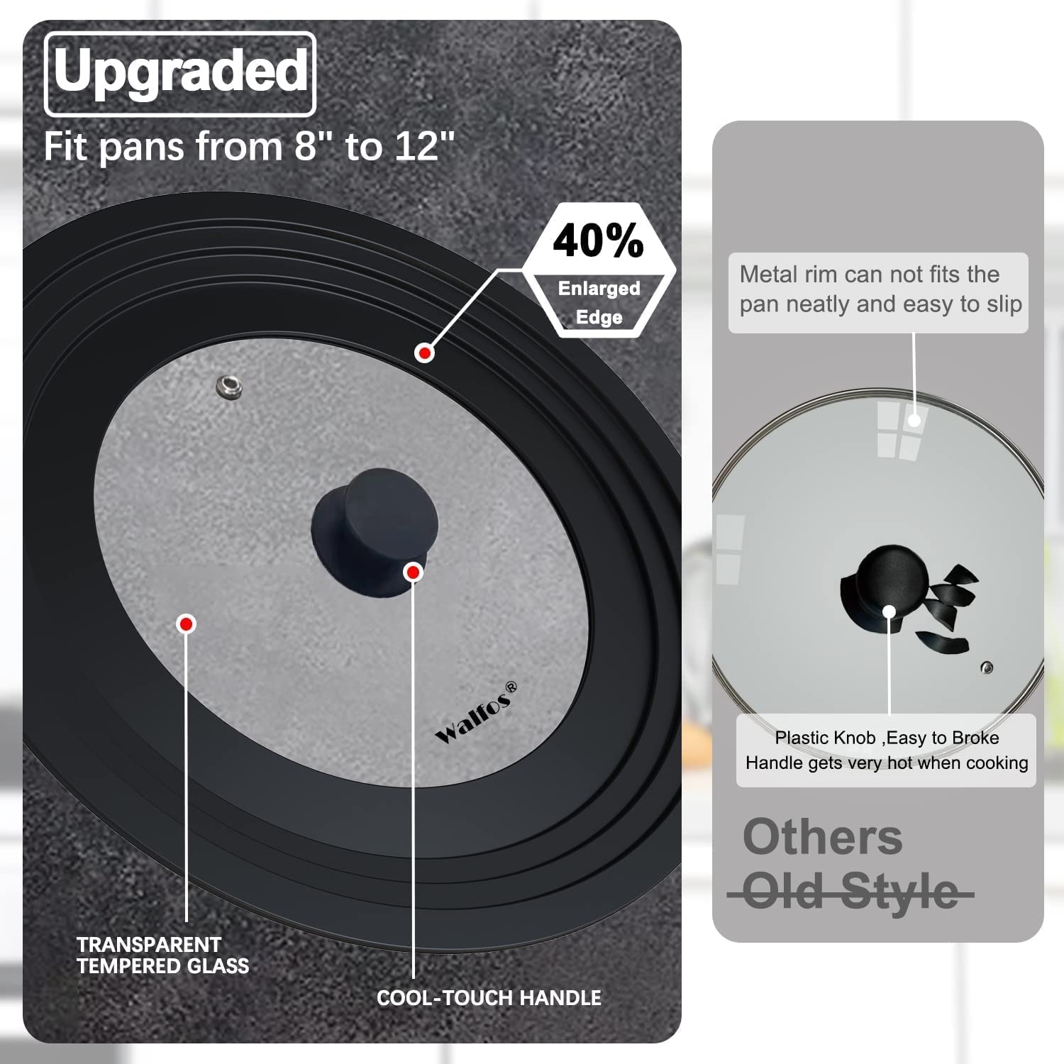 Walfos Universal Pan Lid - Pot Lid for Pots, Pans and Skillets, with Unique Enlarged Heat Resistant Silicone Rim and Tempered Glass, Fits 8