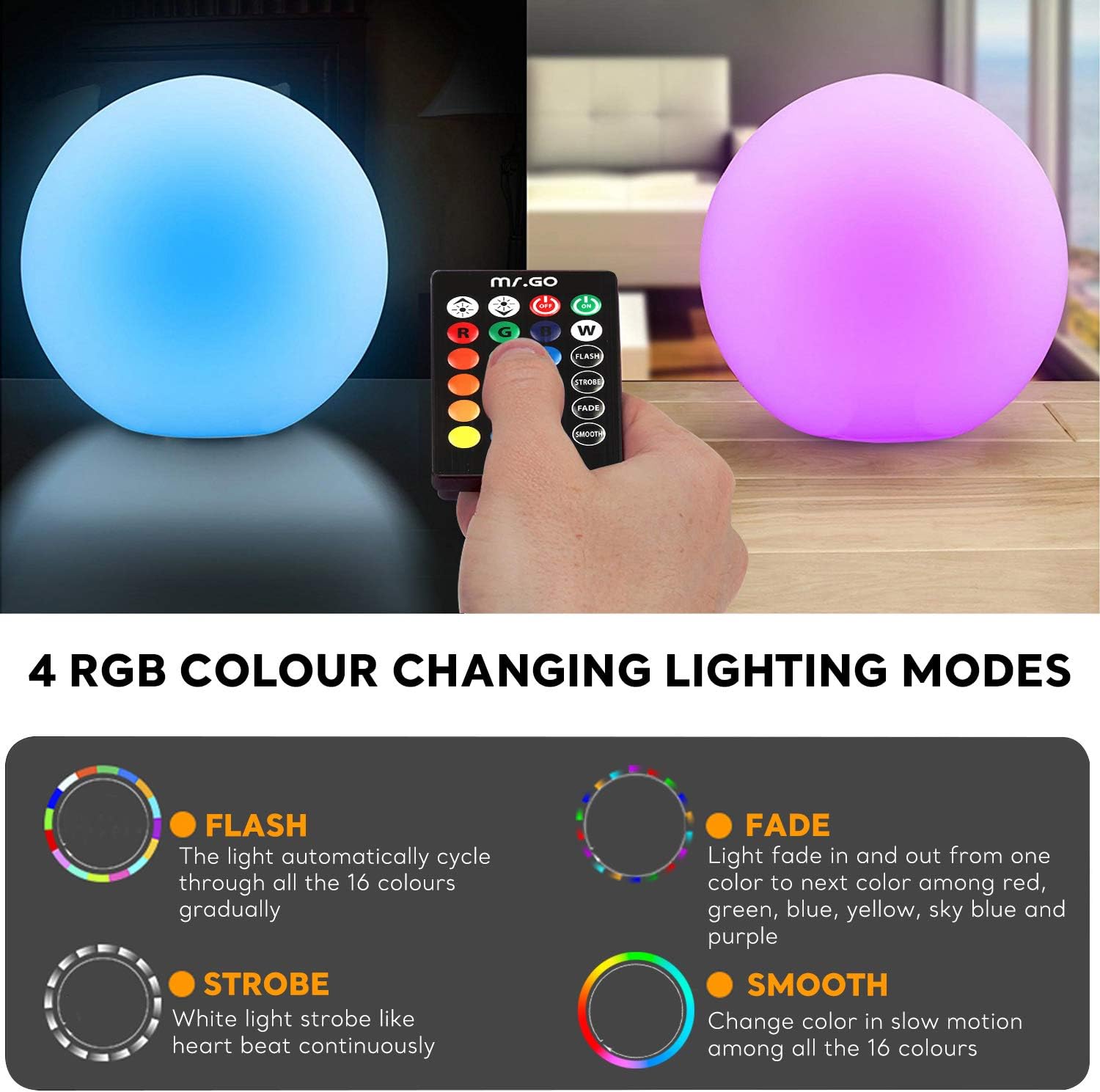 Mr.Go 10" LED Ball Lamp Color Changing Mood Light Sphere Lamp with Remote Control, 16 RGB Colors, Dimmable - Image 4