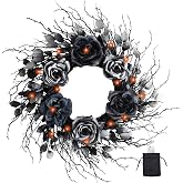 BINFEN 22 Inch Black and Silver Halloween Wreath with 40 Orange LEDs | Six large dark floral blooms with gradient leaves and a wild branching silhouette for doors, walls and covered porches