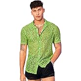 WDIRARA Men's Floral Sheer Mesh See Through Button Up Short Sleeve Collar Party Club Tops Shirt