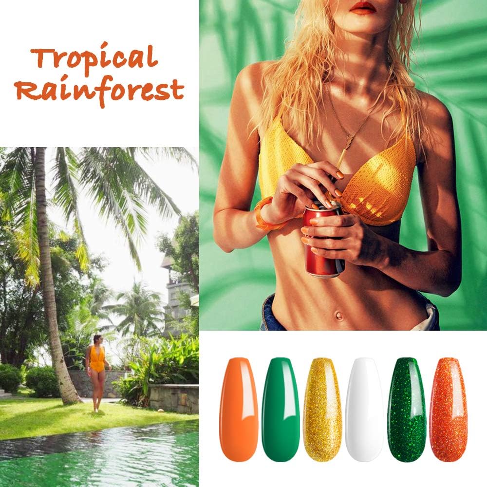 Beetles Gel Nail Polish Set, Summer Vibes Collection 6 Colors Sparkle Green Nail Polish Glitter Orange Gel Polish Kit Tropical Rainforest Nail Art Decoration Gel Manicure at Home Gift Kit: Health & Personal Care