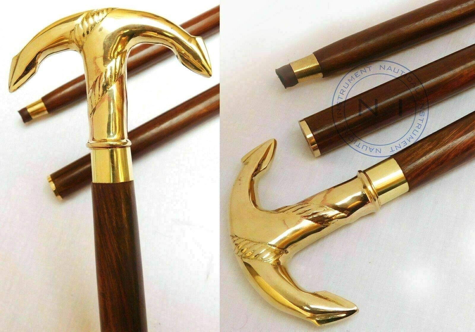 Purplepatch Victorian Brass Ship Anchor Handle Walking Canes Stick Nautical Wooden Stick