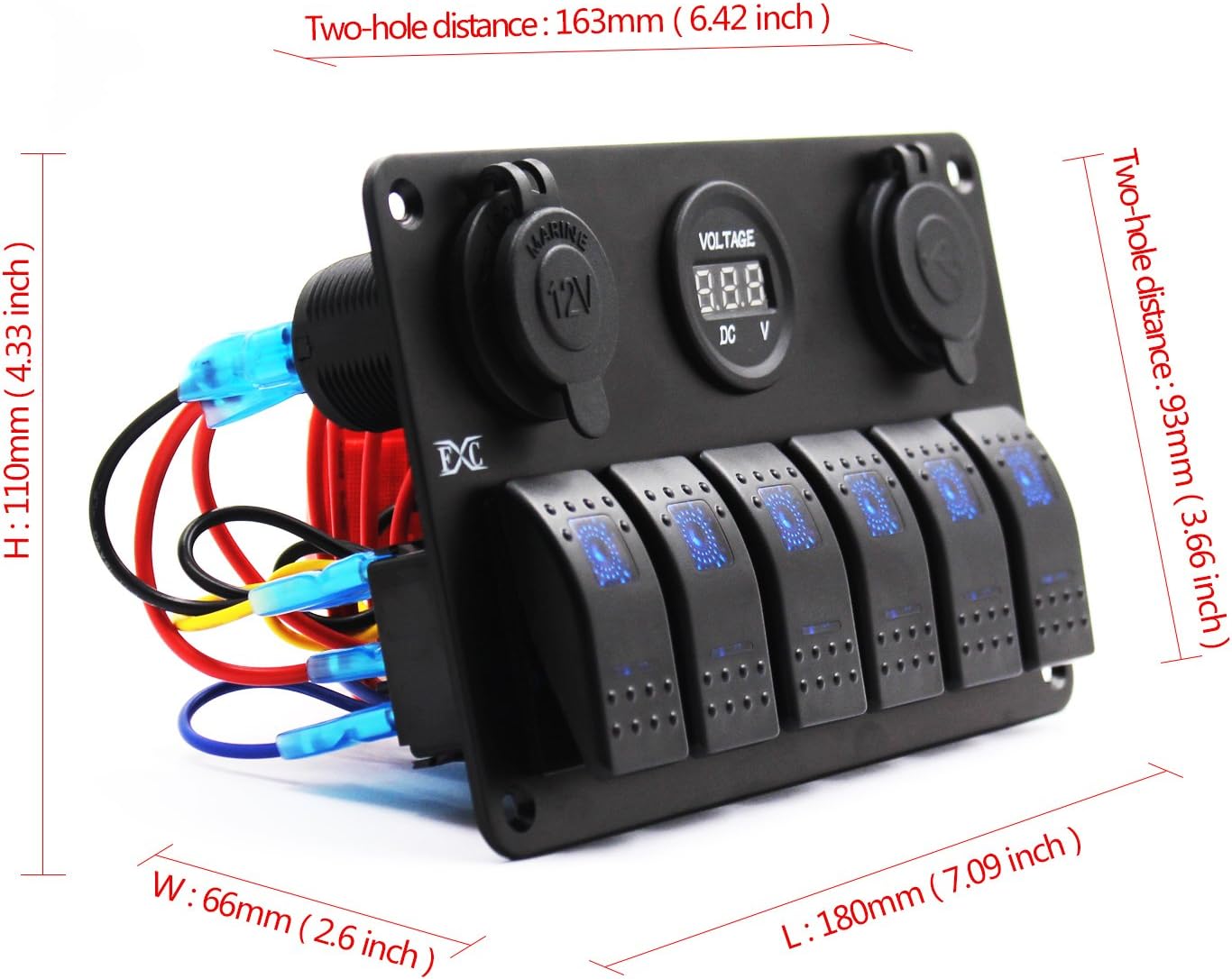 FXC Metal Aluminum Marine Boat Rocker Switch Panel 6 Gang with Dual USB Slot Socket + Cigarette Lighter + Digital Voltage Display LED Light for Car Rv Vehicles Truck : Sports & Outdoors
