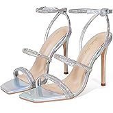 Elisabet Tang 4 inch Stylish Ankle Strap Stiletto Sandals for Women - Sexy Square Open toe Gladiator High Heels for Party Commuting Daily silver 10