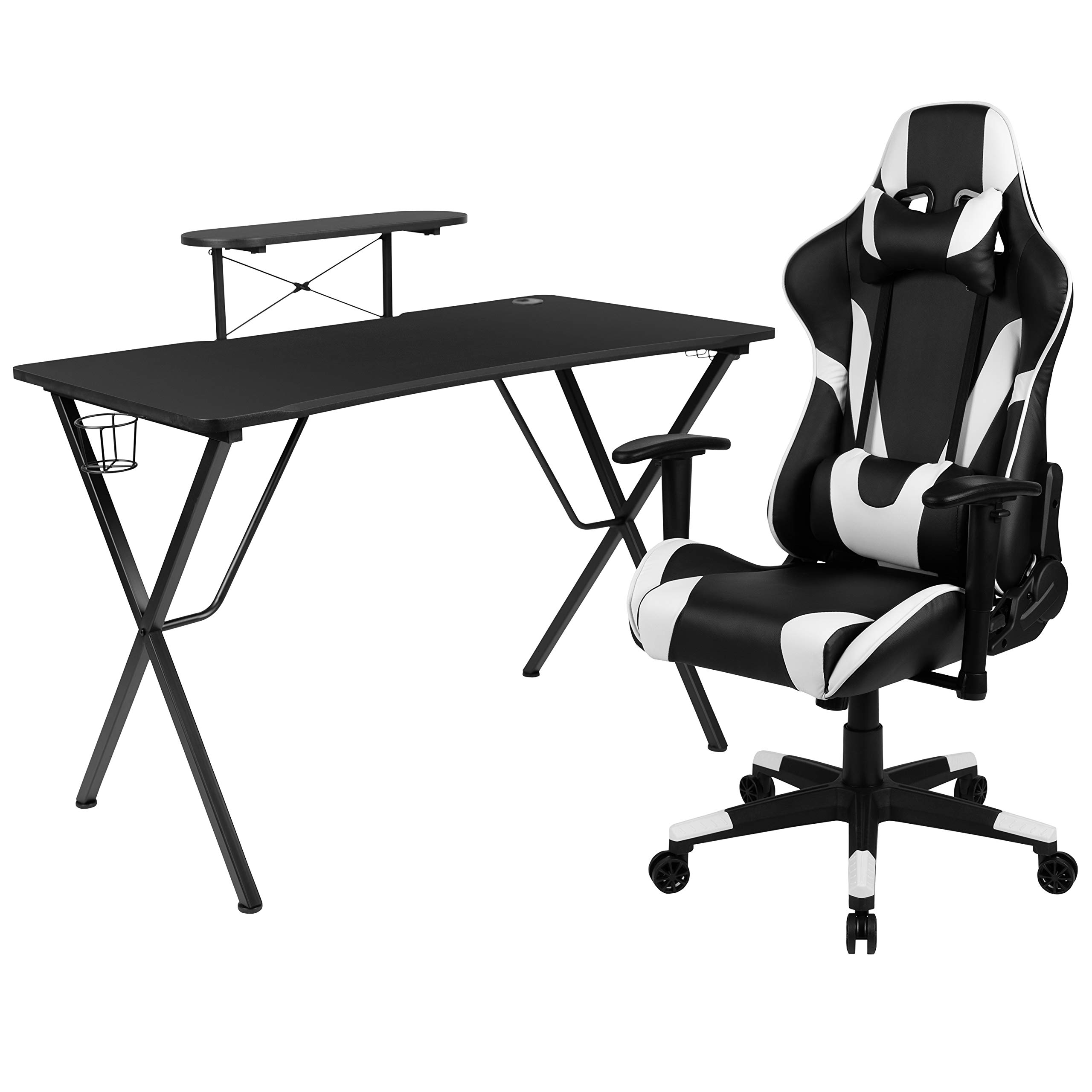 Flash Furniture Optis Juego de escritorio para juegos negro y silla reclinable para juegos con portavasos, gancho para auriculares y soporte para monitor/teléfono inteligente