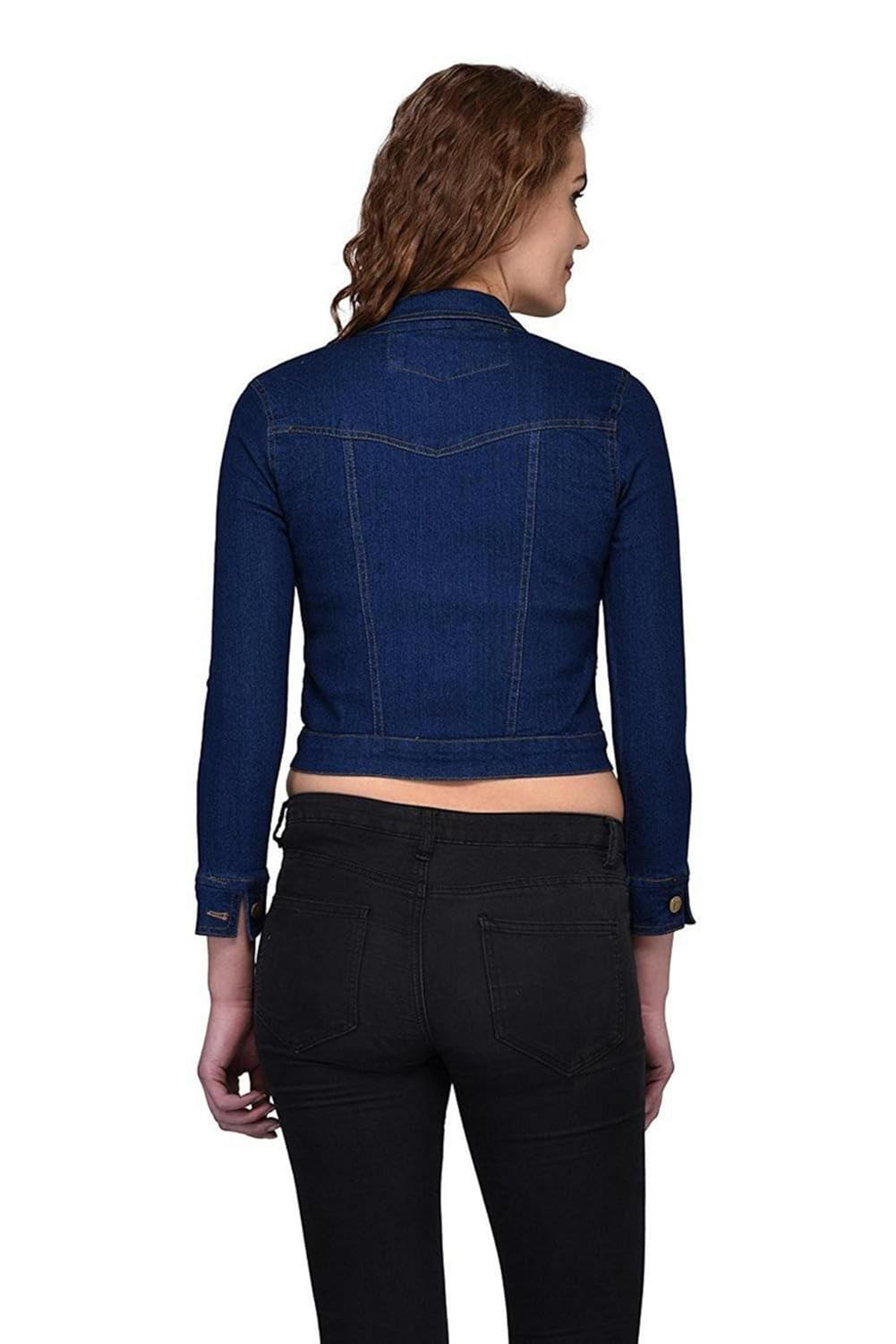 g.s.a enterprises stylish 3/4 sleeves round neck dark blue women's denim jacket