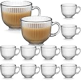 Acellegic 12 Pack Glass Coffee Mugs with Handles, 12 Ounces Glass Breakfast Mugs Bulk, Clear Tea Cups for Hot/cold Drinks, Glassware Set for Americano, Latte, Cappuccino(Ribbed)