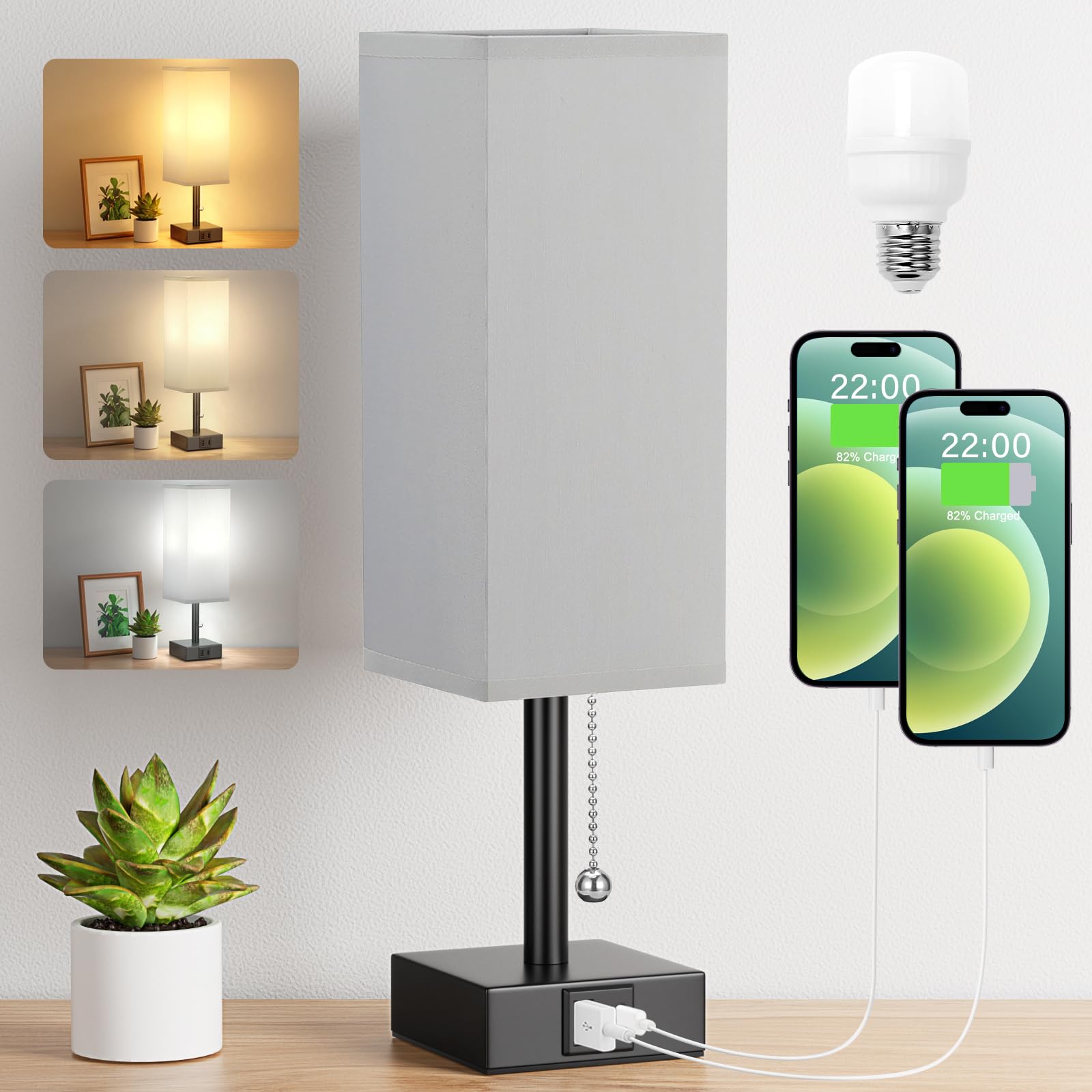 Aooshine Bedside Lamp, Table Lamp for Bedroom, Lamp with USB C+A Charging Ports, Small Bedroom Lamp with 3-Color Modes with Pull Chain, Bedroom Lamp with Grey Fabric Shade(LED Bulb Included) — image 1