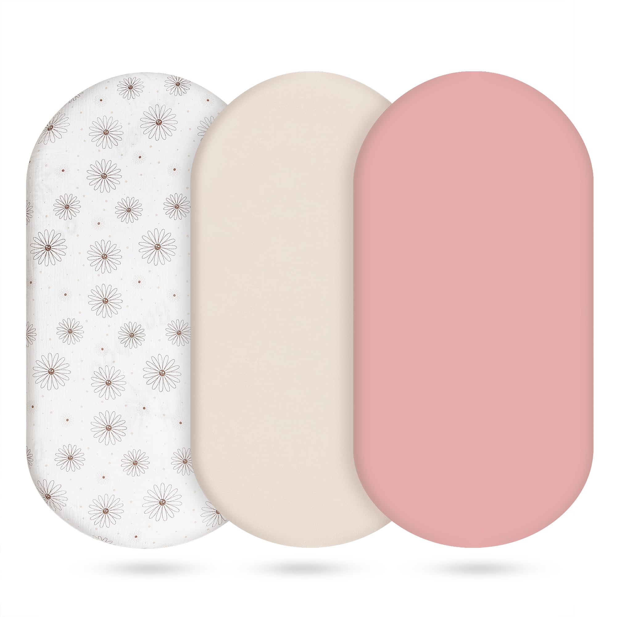 Photo 1 of 3-Pack Cotton Muslin Bassinet Sheets - Fitted Elastic Mattress Cover for Baby Boys & Girls, Breathable Bedside Bassinet Sheets Neutral Colors (Fits Oval & Rectangle Shape) (Pink)