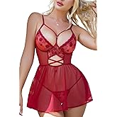 ADSEXY Women Lingerie Babydoll Lace Chemise Mesh Sleepwear V Neck Sleepwear Teddy Lingerie