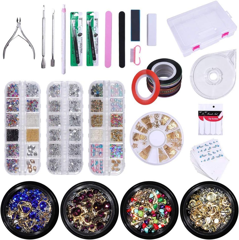 1280Pcs DIY Nail Art Tools Decoration Kit, AB Crystal Glitter Rhinestones, Nail Decal, French Tip Stickers, Nail Sequins, Dotting Pen, Tweezers, Manicure Tools Set