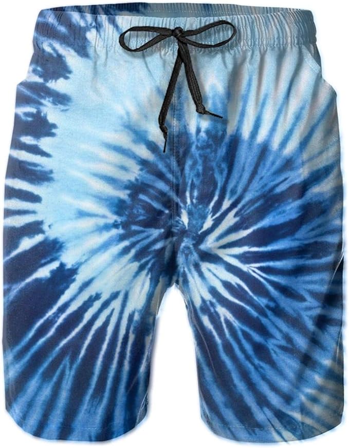 Blue and White Tie Dye Mens Beach Shorts Quick Dry Swim Trunks