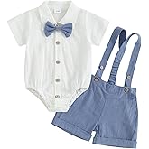 Honganda Baby Boys Gentleman Outfits Bow Tie Short Sleeve Button Up Romper + Overall Shorts Infant Wedding Cake Smash Clothes