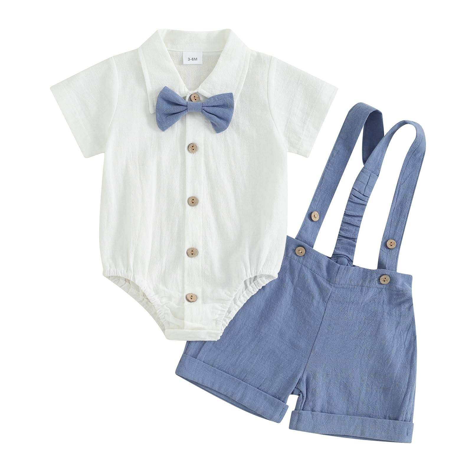 Photo 1 of Honganda Baby Boys Gentleman Outfits Bow Tie Short Sleeve Button Up Romper + Overall Shorts Infant Wedding Cake Smash Clothes (Blue, 6-12 Months)