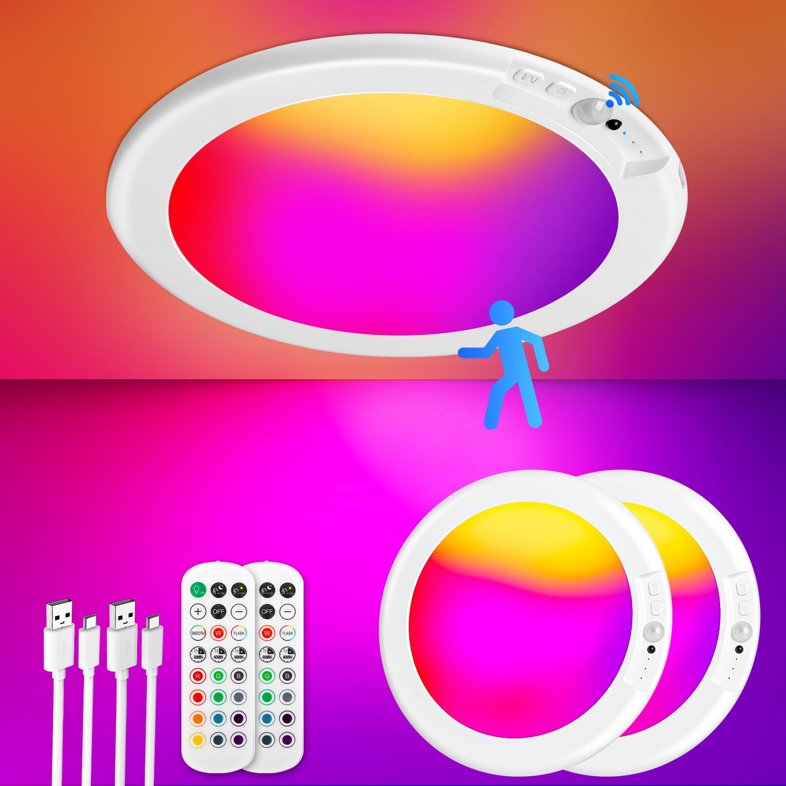 Photo 1 of ***MISSING PARTS***
2 Pack Rechargeable Motion Sensor Ceiling Light with 12 RGB Colors and Cool White Lights, Battery Operated Ceiling Light with Remote, Magnetic Motion Sensor Lamp for Closet Pantry Hallway Porch