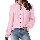 Women's Work Blouses Dressy Casual Button Down Long Puff Sleeve Elegant Retro Pleated Office Shirts Tops Pink XL