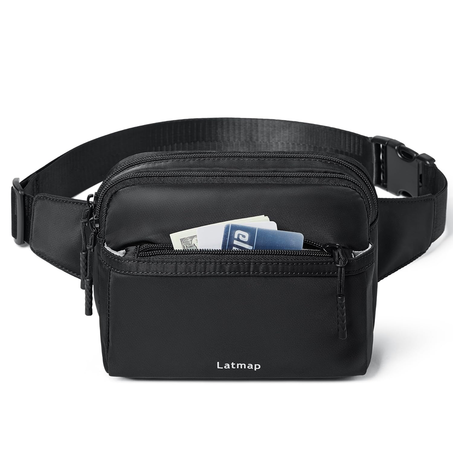 LATMAP 3L Fanny Packs for Women Men Fashion Waist Packs Belt Bag with 4-Zipper Pockets Crossbody Bag Easy Carry Wallet Purse for Travel Sports, Black