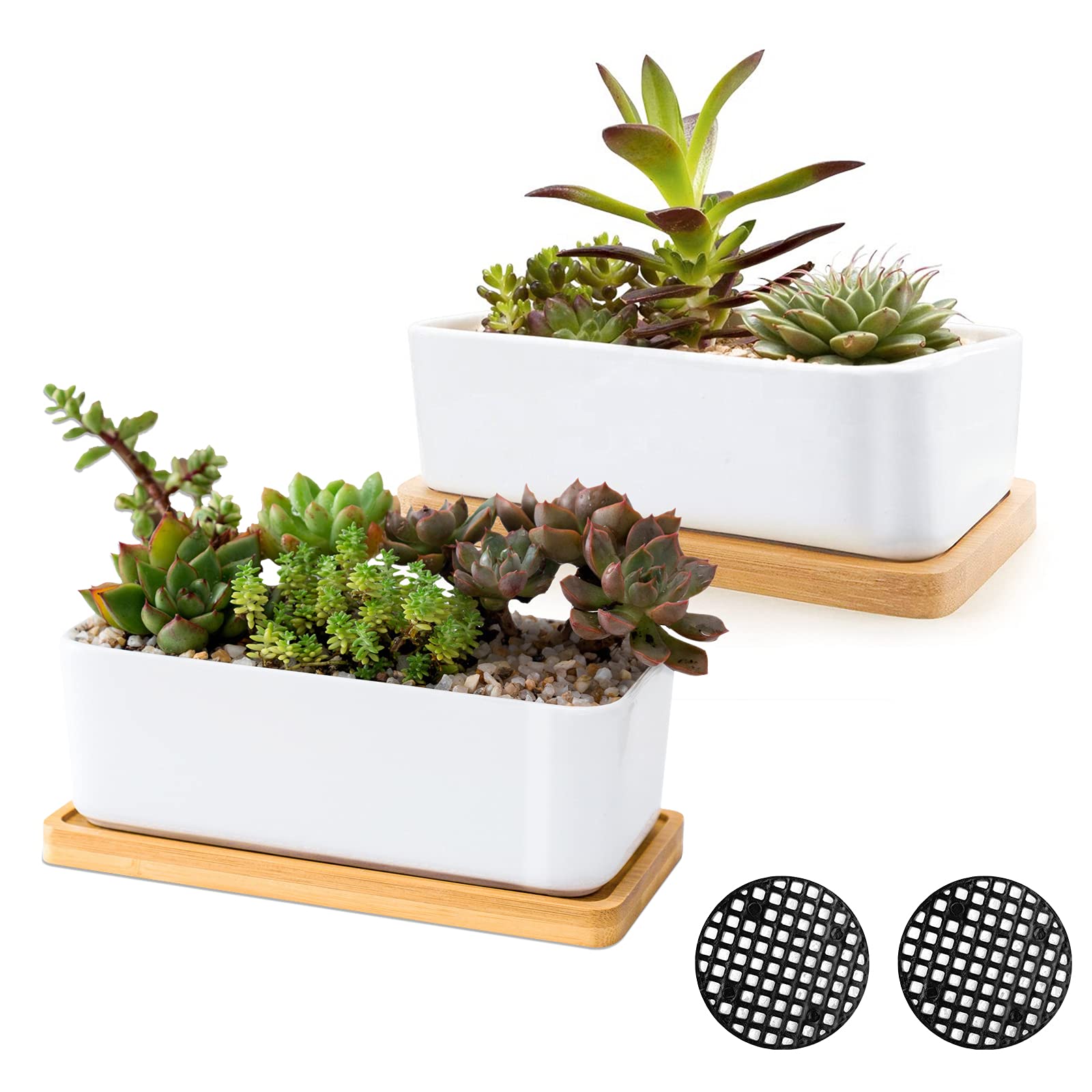 ARVINKEY White Ceramic Succulent Planters, Indoor and Outdoor Succulent Planters, Set of 2 Small Cactus Containers, Bonsai Pots, Flower Pots with Drainage Hole and Bamboo Bowl (No Plant)