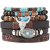 Western Bracelet for Women,Bohemian Cowgirl Turquoise Beaded Stretch Bracelets,Vintage Stackable Bull Head Cowboy Boots Feather Bracelets Set,Country Ethnic Western Jewelry Accessories for Women Men