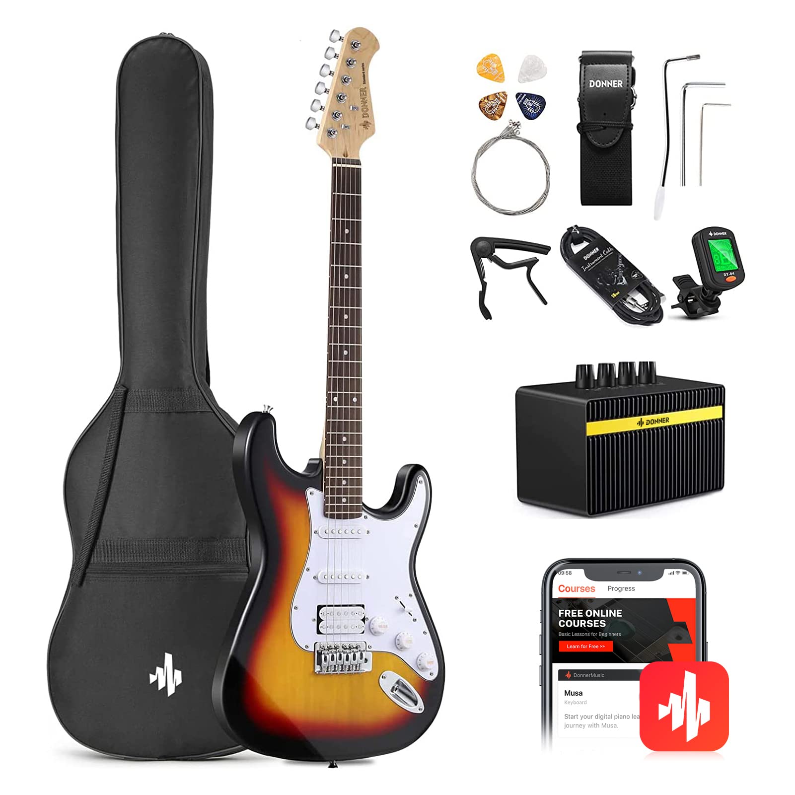 Donner 39 Inch Electric Guitar Beginner Kit Sunburst Full-Size Starter Package HSS Pick Up with All Accessories Amp Online Lesson Bag Tuner Capo Strap String Amp Cable Picks DST-100S