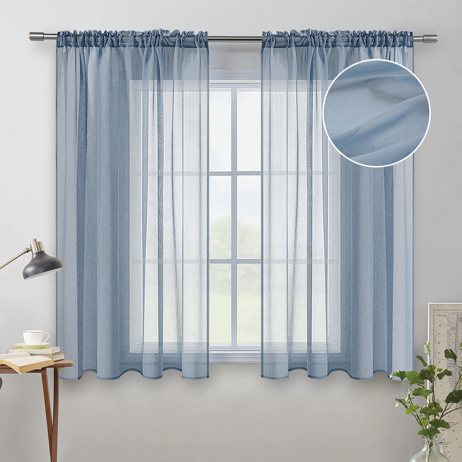 Photo 1 of MIULEE Dusty Blue Sheer Curtains Linen Textured 45 Inches Long 2 Panels for Bedroom Kitchen, Semi Transparent Farmhouse Rod Pocket Light Filtering Voile Window Drapes, W 42 x L 45 inch Length