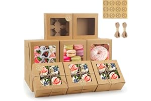 OAMCEG 50 PCS Cupcake Boxes with Window, 6x6x3 Inch Cookie Boxes, Brown Bakery Containers for Pastry, Dessert, Chocolate Strawberries, Treat Boxes with Stickers & Jute Twine