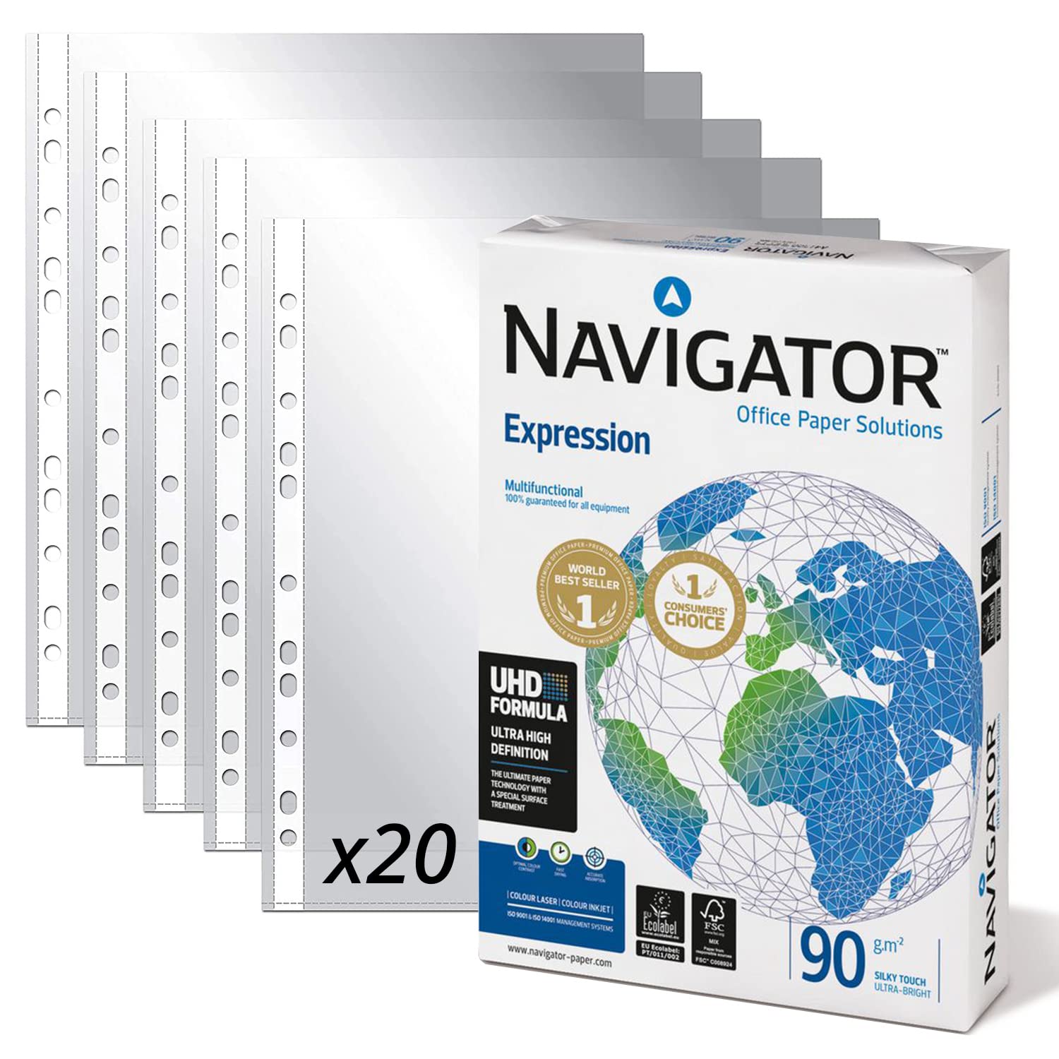 OFITURIA COM0405 x 1NAVx20F Universal Navigator + Multi-Drill Plastic Sleeves for Sheets, DIN A4 Pack of Sheets, 500 Sheets 90 g + 20 Pockets