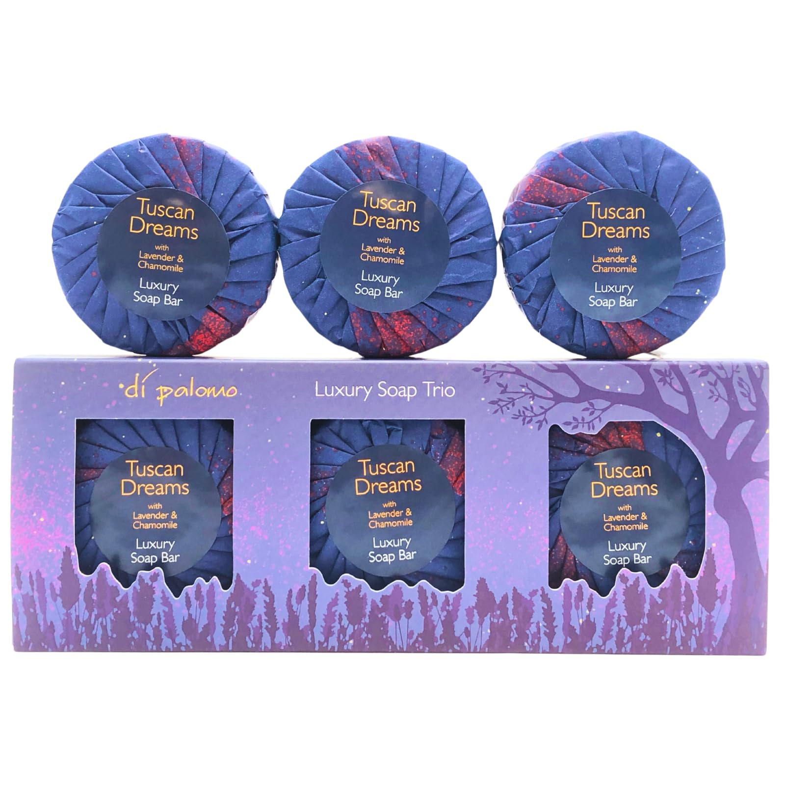 Di Palomo Vegan Tuscan Dreams Hand Soap Bar Set 3 x 100g - Lavender & Chamomile Moisturising Skin Care Ladies & Mens Luxury Italian Hand Wash Kind Ingredients Gift Great Value Gift Set