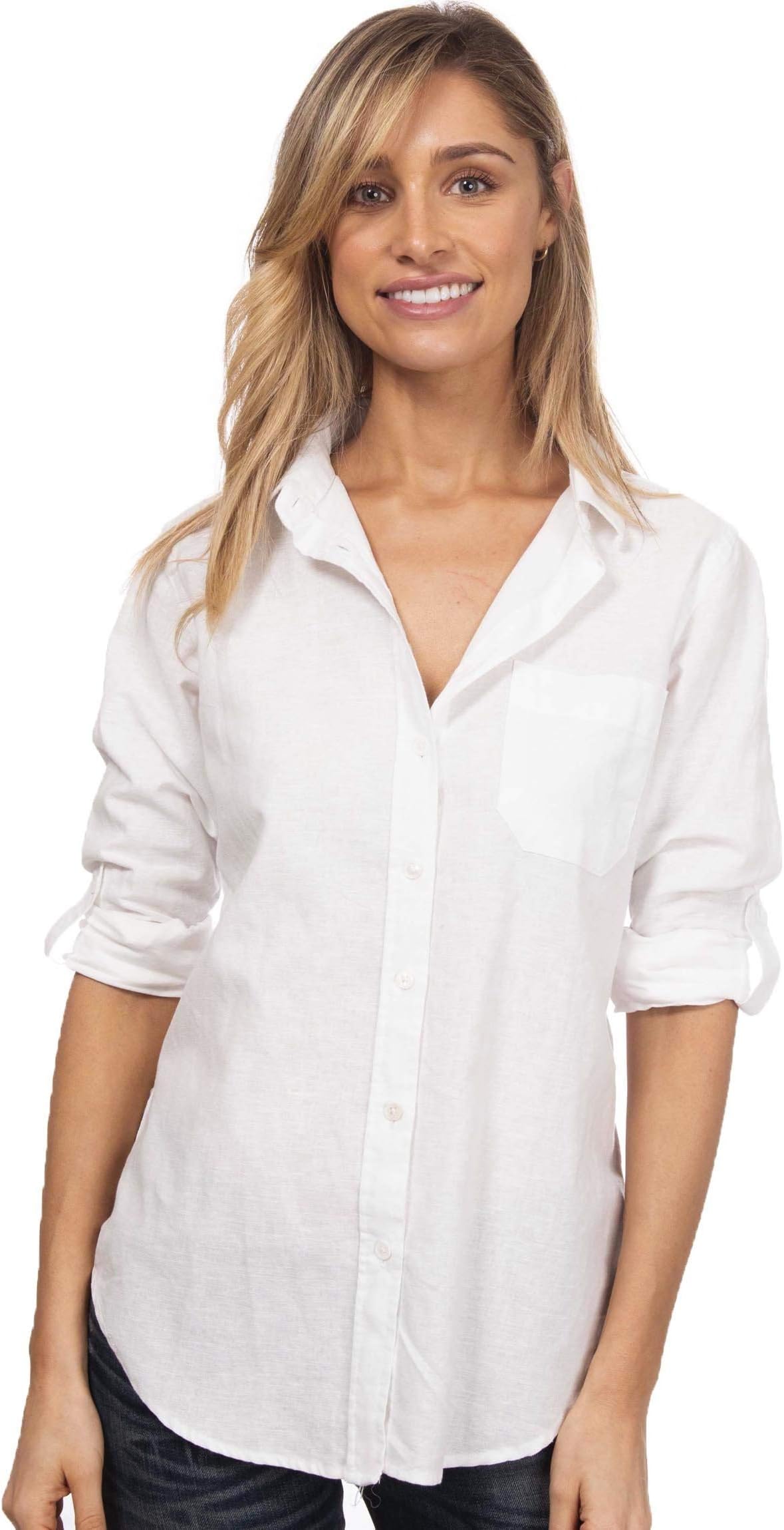 CAMIXA Women's Washed Casual Linen Button-Down Shirt Look Cool