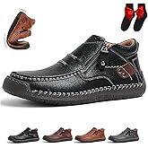 GHTRHSB Men’s Slip-On Orthopedic Leather Boots,Men’s Handmade Premium Leather Slip-On Driving Boots,Wide Toe,Arch Support Waterproof Non-Slip Side Zipper Mid Top Loafers