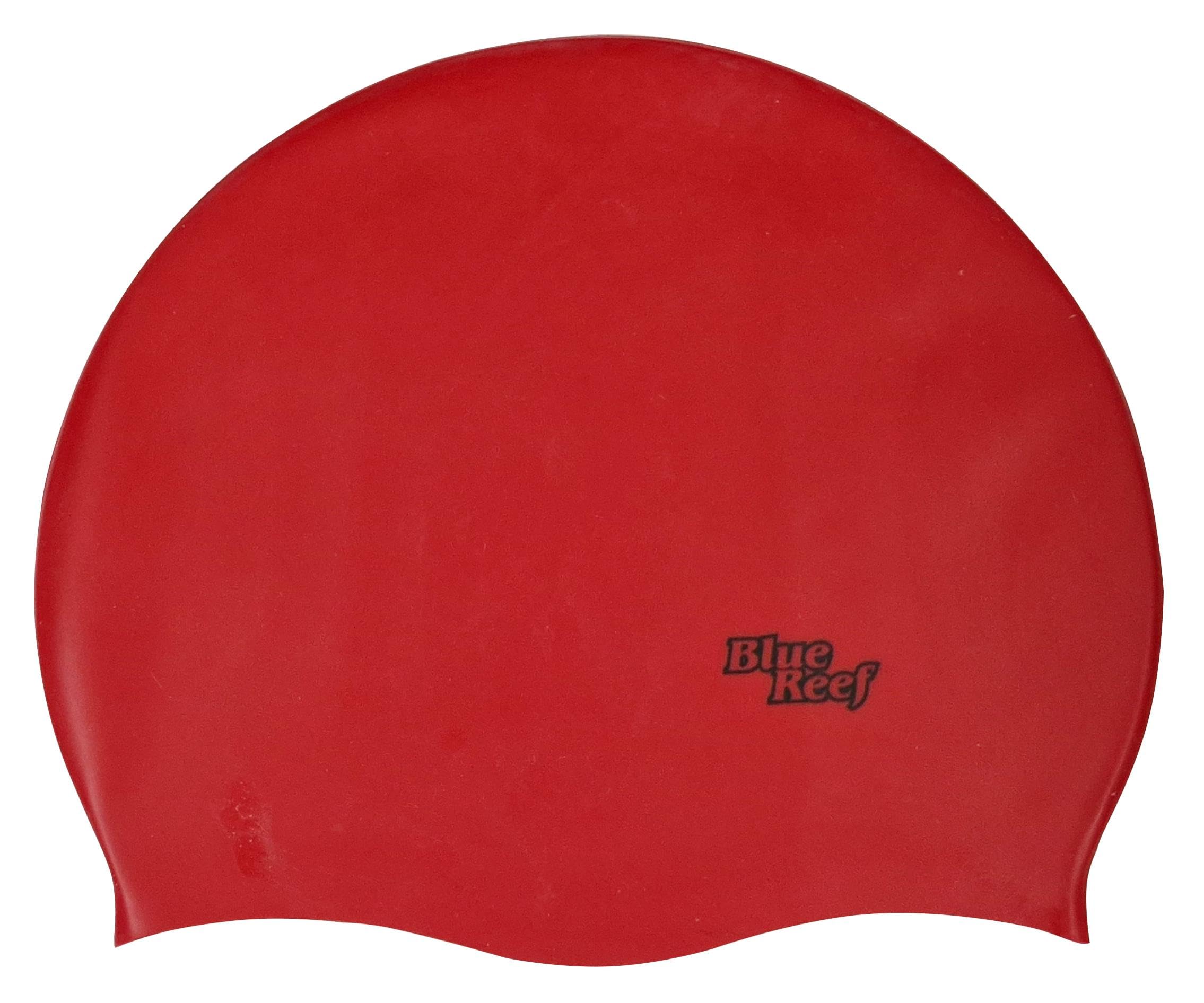 Blue Reef Stretchy Silicone Unisex Women Men One Piece Swimming Hat Swim Cap Plain Branded Fluo Dark Classic Colours One Size Adults 8+ Years Easy Pull On Swim Hat (Red)