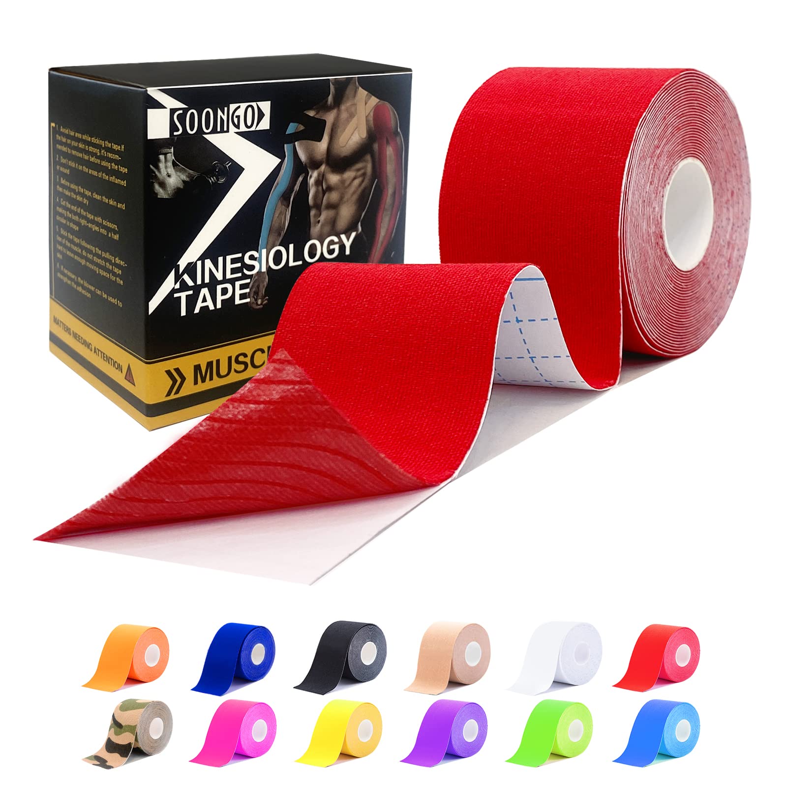 Athletic Tape 1/2/5 Roll Relieve Muscle Soreness and Strain Shoulders Wrists Knees Ankles Elastic Waterproof Good Air Permeability Hypoallergenic 5cm*5m By SOONGO (Red)