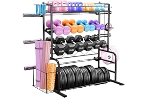 XL Adjustable Weight Rack for Dumbbells - Bonvork Barbell Holder Bumper Plate Storage Rack with 3 Olympic Bar Racks, Dumbbell Rack Weight Stand,Home Gym Storage Rack for kettlebells,Yoga Mat
