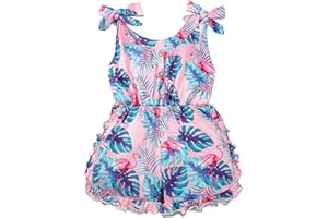 Thorn Tree Girl's Sleeveless Jumpsuit Bowknot Strap Button Closure Flamingo Romper Toddler Girls Clothes