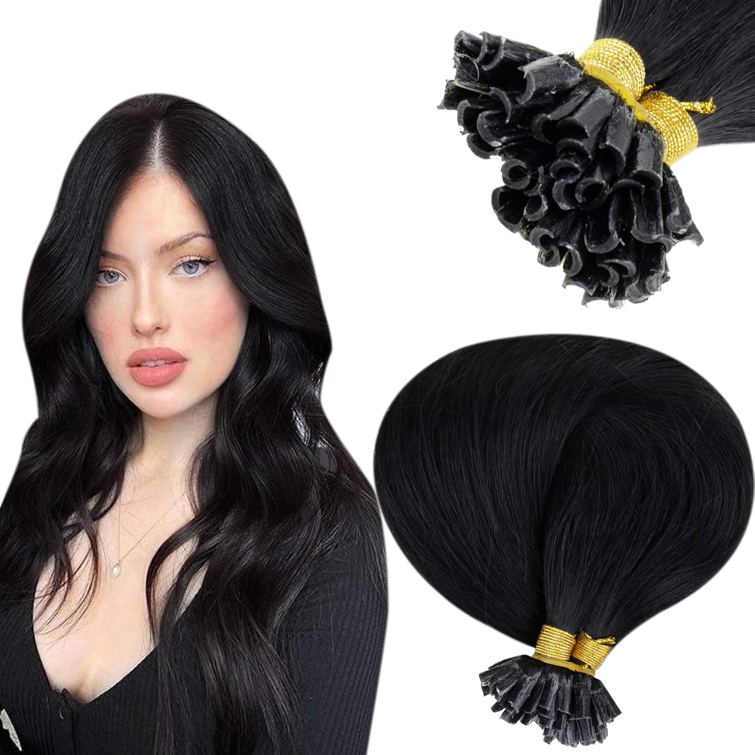 Hetto K Tip Hair Extensions Real Human Hair Straight 16 Inch #1 Natural Black 50g 50strands