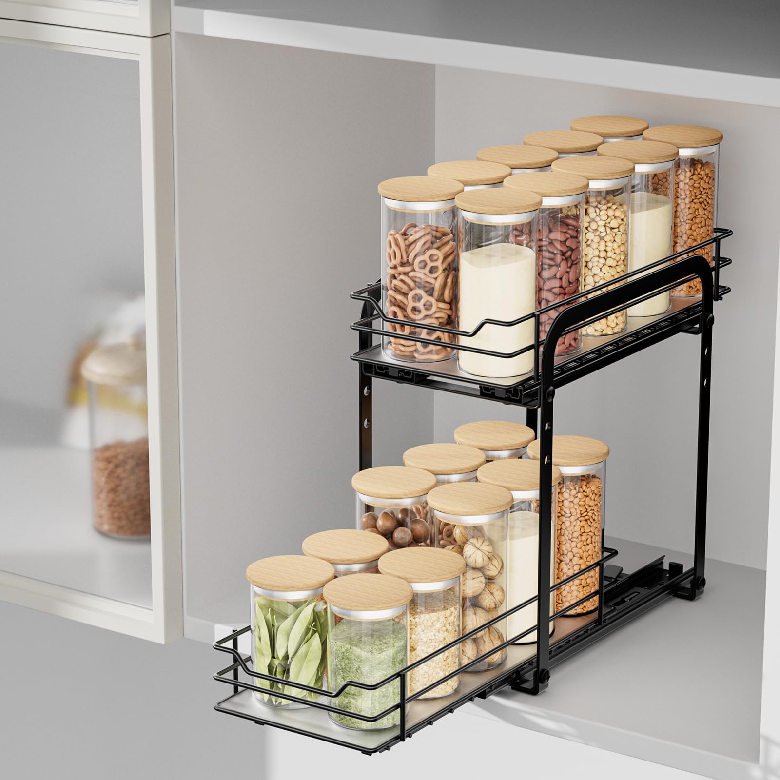 AIRUJIA Pull Out Cabinet Organizer Spice Racks, 2-Tier Spice Rack Height Adjustable, Spice Rack for Inside Cupboard, Heavy Duty Metal Spice Organizer, L10.4*W5*H9inch