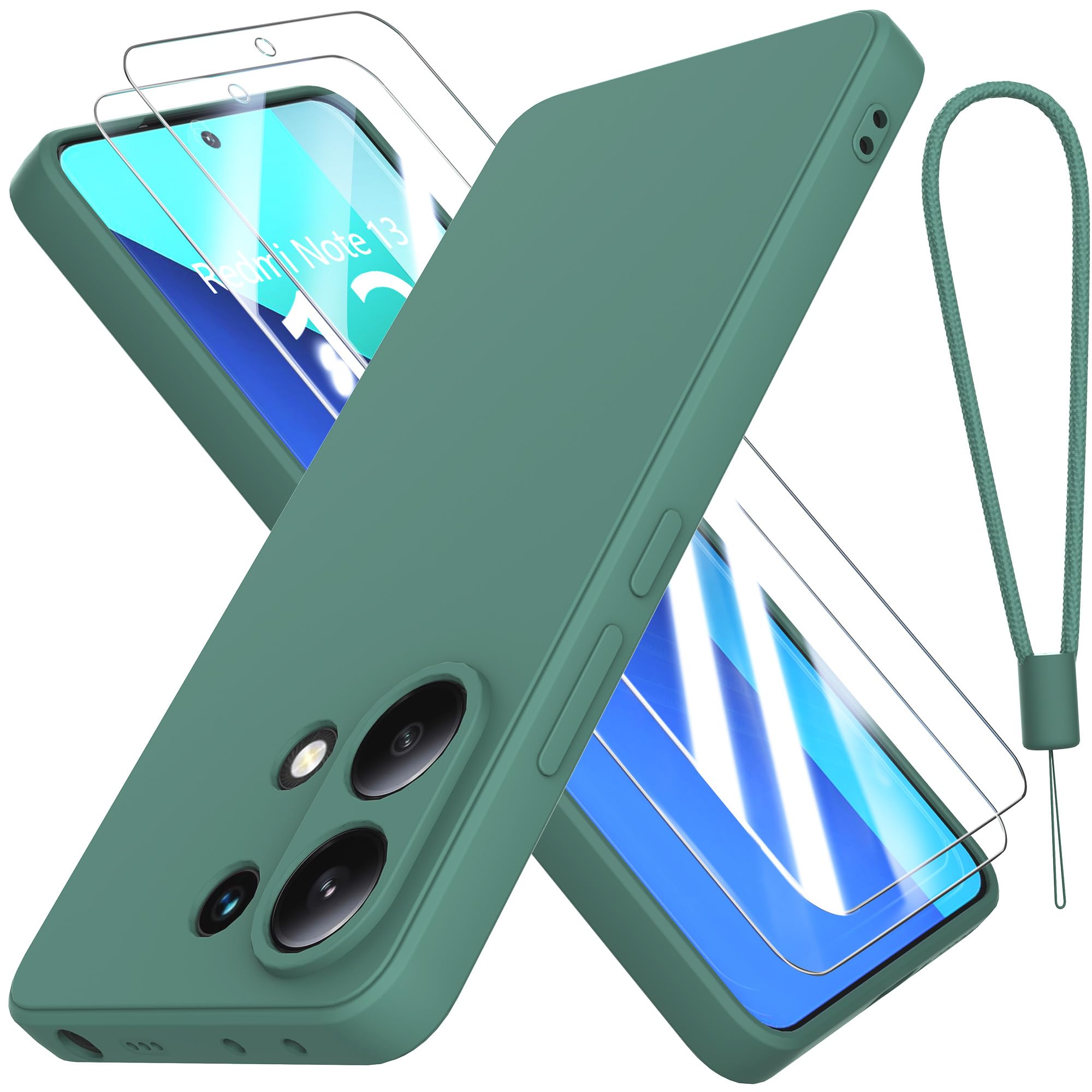 THIYUFUNS Case for Xiaomi Redmi Note 13 4G with 2 Tempered Glass Screen Protector, Redmi Note 13 Case Silicone Slim Fit Shockproof Anti-Scratch Compatible with Xiaomi Redmi Note 13 4G - Dark Green — image 1