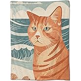 Orange Tabby Cat Throw Blanket, Retro Wave Seashell Beach Blankets for Bedroom Living Room Couch Decor, Fuzzy Cozy Soft Lightweight Throws, Birthday Gifts for Boys Girls Cats Lover, 50x60 in