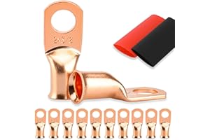 10PCS Battery Cable Ends, 2 Gauge Wire Connectors 3/8 Copper Wire Lugs, Bare Copper Eyelets with Heat Shrink Tubing by HOUSUN