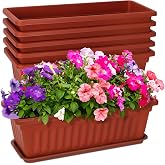 Window Box Planter, 6 Pcs 17" Flower Rectangle Planter with Tray, Brick Red | with Spray Bottle, Garden Tool Kit, Labels, Drainage Holes/Trays, Vegetable Planters for Windowsill, Patio, Garden, Balcony