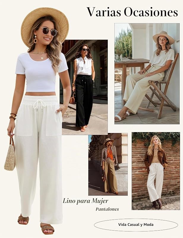 Calças de linho Largas para Mulheres Calças de Verão Cintura Elástica Calças Casual Palazzo com Cordão Ajustável com Bolsos para Férias na Praia (Branco, S)