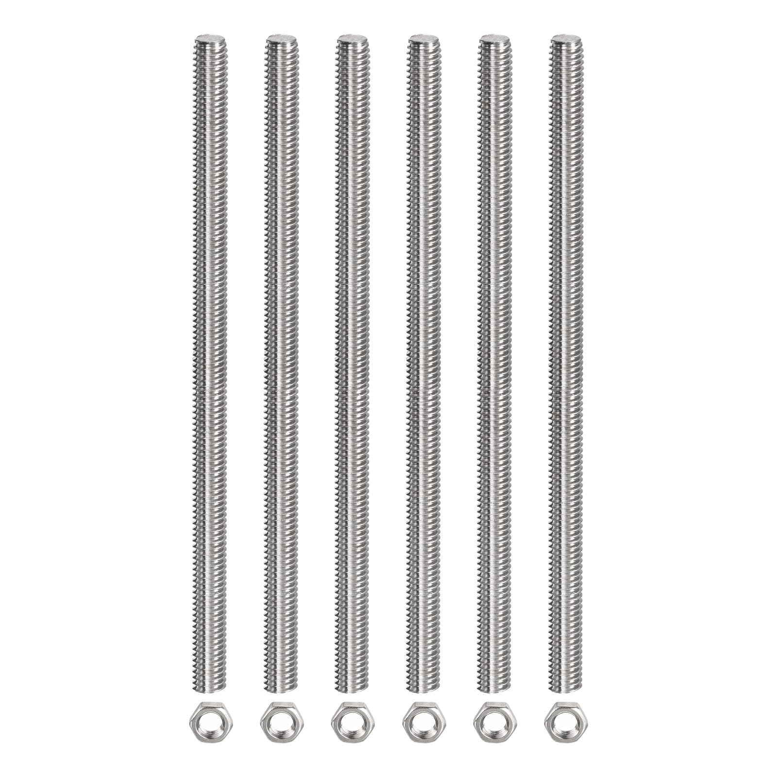 Rebower Fully Threaded Rod (with 6 Pcs Hex Nuts),Stainless Steel Fully Threads Studs[for Assembly Fastening] - M6 x 400mm,1mm Pitch/ Silver/ 6 Pcs