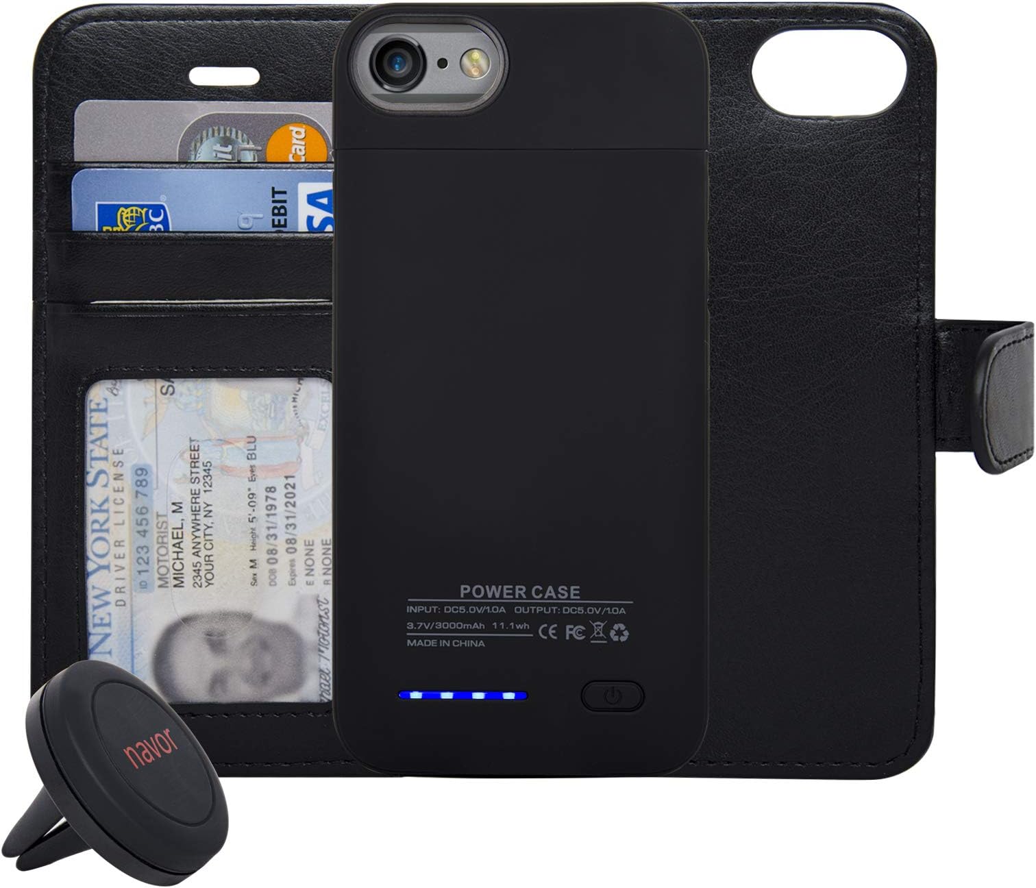 navor Universal Car Mount and RFID Folio Wallet Magnetic Detachable Power Battery Case 3000mAh Compatible for iPhone 6/7 / 8 [4.7 Inch] - Black