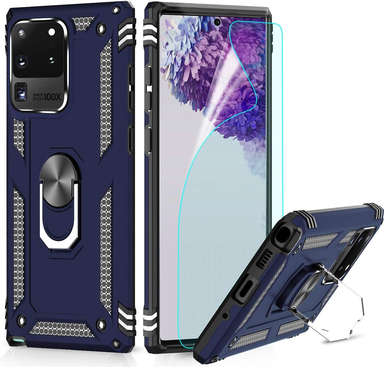 Case for Samsung galaxy S20 Ultra with Magnetic Ring Holder [1 Pack] HD Screen Protector, Full Body Protective Silicone Gel Tough Armour Phone Cover for Samsung galaxy S20 Ultra (S20 Ultra_Dark Blue)